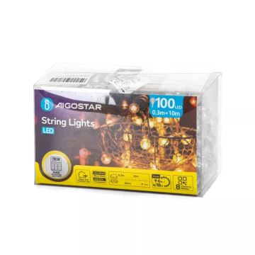 Aigostar - LED Lauko Kalėdinė girlianda 100xLED/3xAA/8 funkcijos 10,3 m IP44 šilta balta