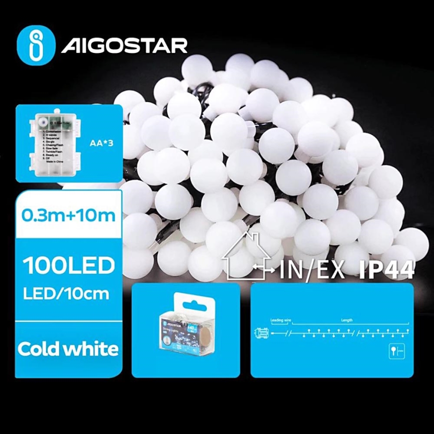 Aigostar - LED Lauko Kalėdinė girlianda 100xLED/3xAA/8 funkcijos 10,3 m IP44 šalta balta