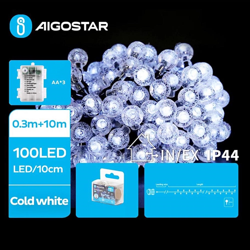 Aigostar - LED Lauko Kalėdinė girlianda 100xLED/3xAA/8 funkcijos 10,3 m IP44 šalta balta