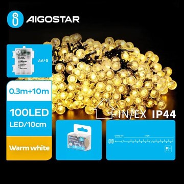 Aigostar - LED Lauko Kalėdinė girlianda 100xLED/3xAA/8 funkcijos 10,3 m IP44 šilta balta