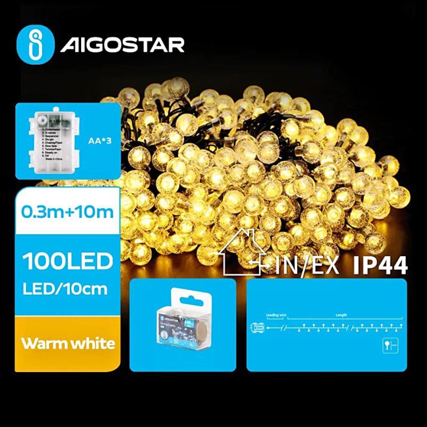 Aigostar - LED Lauko Kalėdinė girlianda 100xLED/3xAA/8 funkcijos 10,3 m IP44 šilta balta