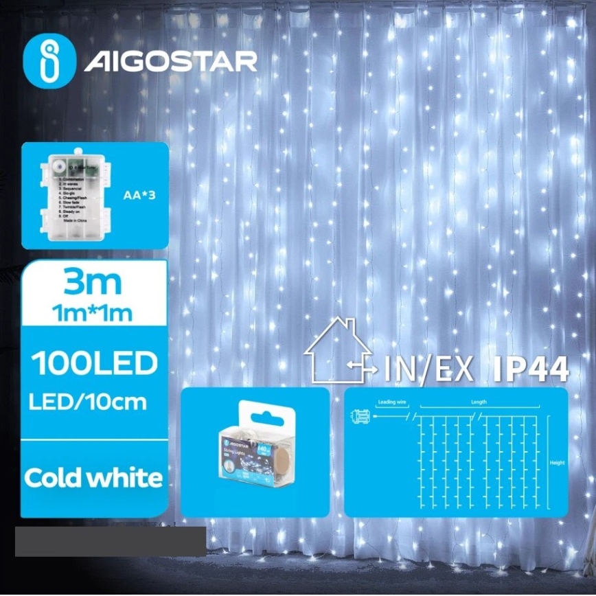 Aigostar - LED Lauko Kalėdinė girlianda 100xLED/8 funkcijos 3xAA 4x1m IP44 šalta balta