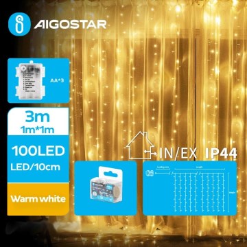 Aigostar - LED Lauko Kalėdinė girlianda 100xLED/8 funkcijos 3xAA 4x1m IP44 šilta balta