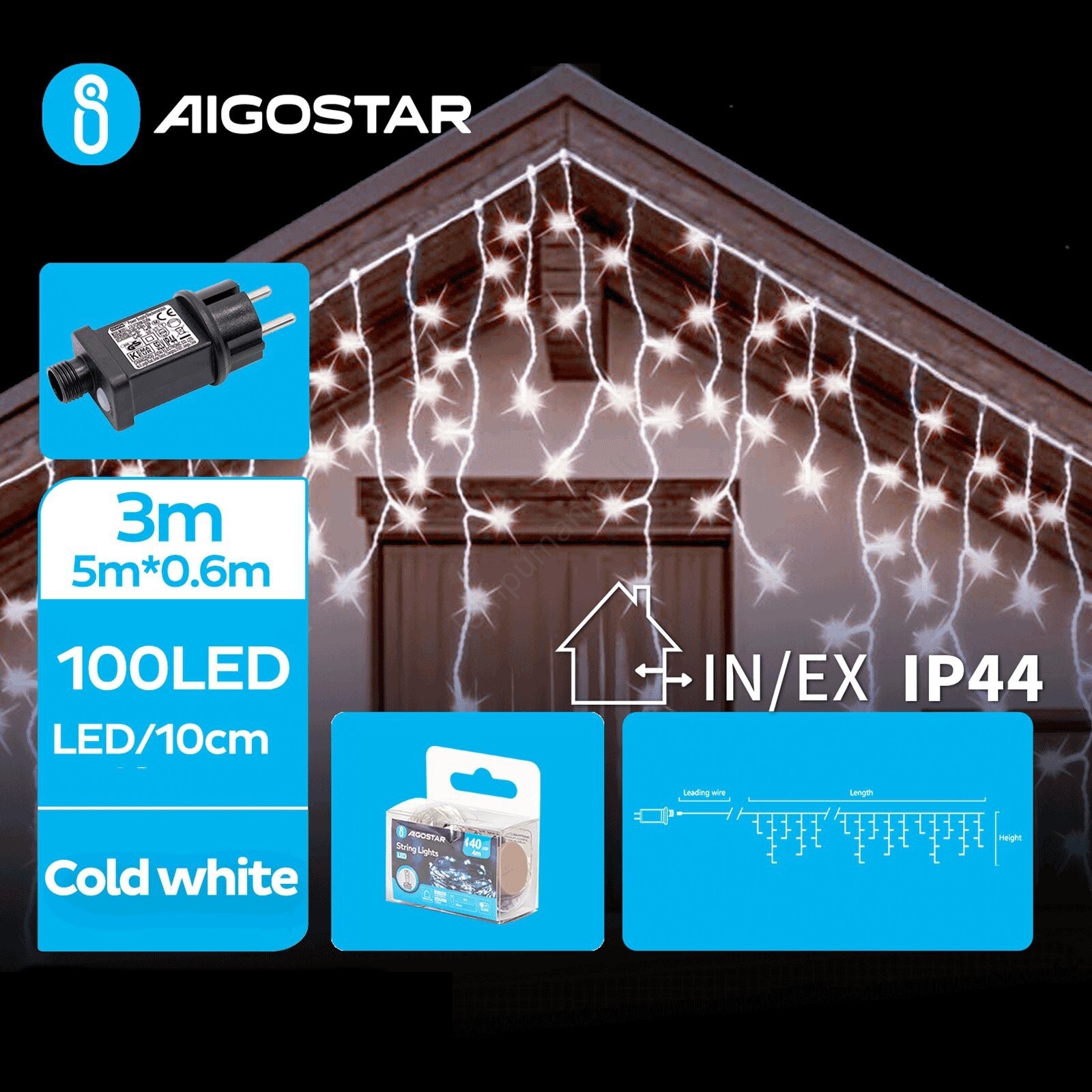 Aigostar-LEDLaukoKalėdinėgirlianda100xLED/8funkcijos8x0,6mIP44šaltabalta