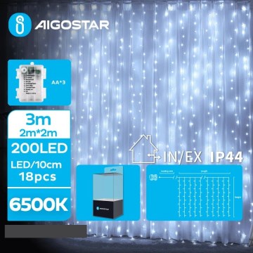 Aigostar - LED Lauko Kalėdinė girlianda 200xLED/8 funkcijos 3xAA 5x2m IP44 šalta balta