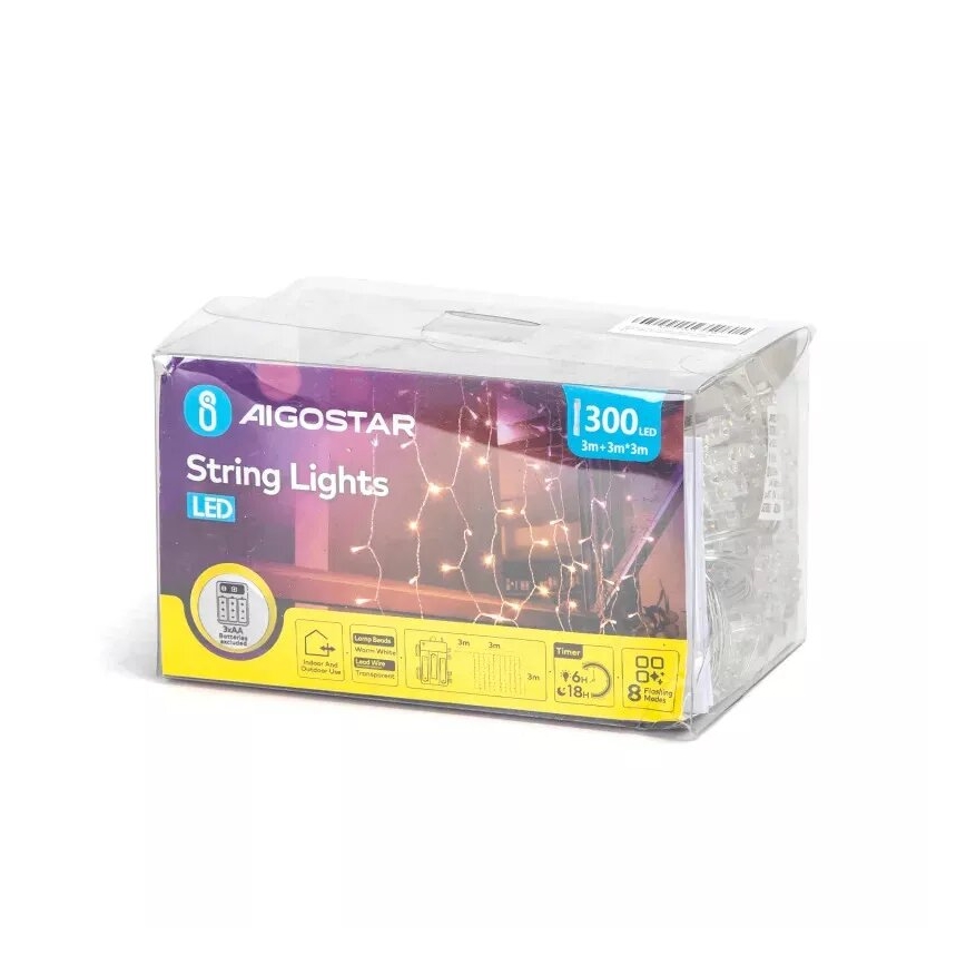 Aigostar - LED Lauko Kalėdinė girlianda 300xLED/8 funkcijos 3xAA 6x2m IP44 šilta balta