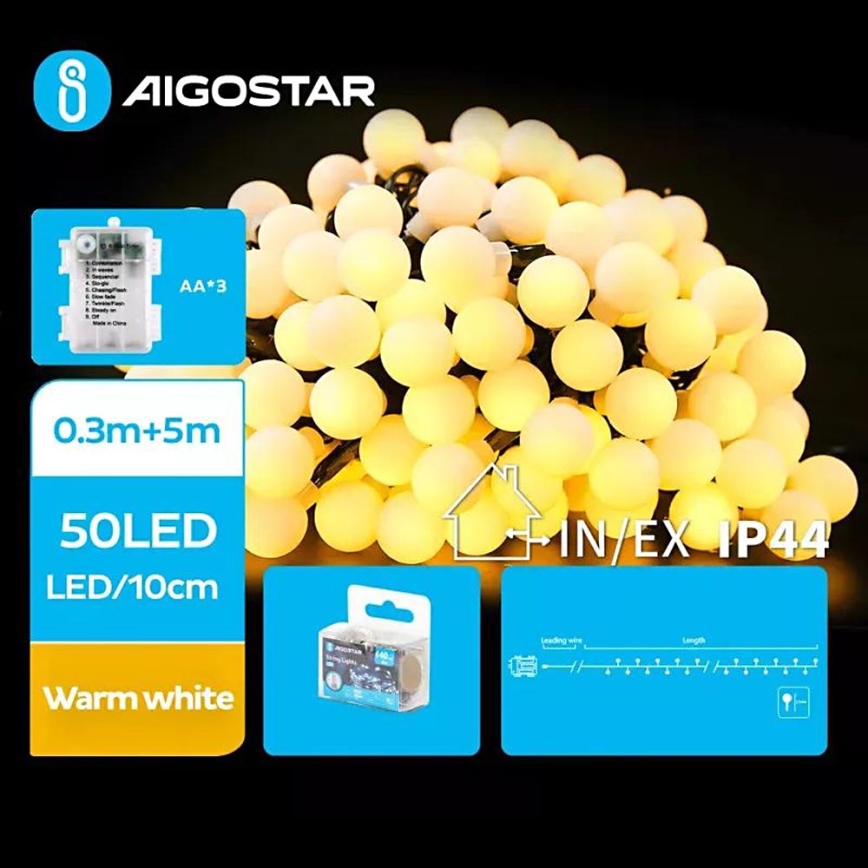 Aigostar - LED Lauko Kalėdinė girlianda 50xLED/3xAA/8 funkcijos 5,3 m IP44 šilta balta