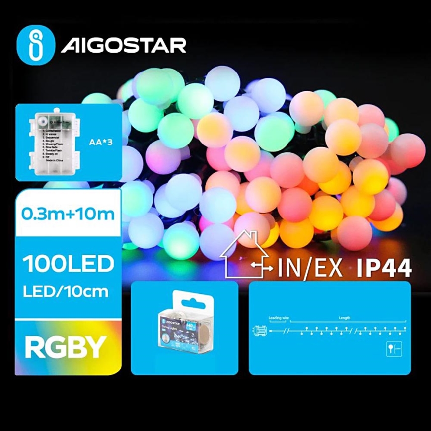 Aigostar - LED RGBY Lauko Kelėdinė girlianda 100xLED/3xAA/8 funkcijos 10,3 m IP44