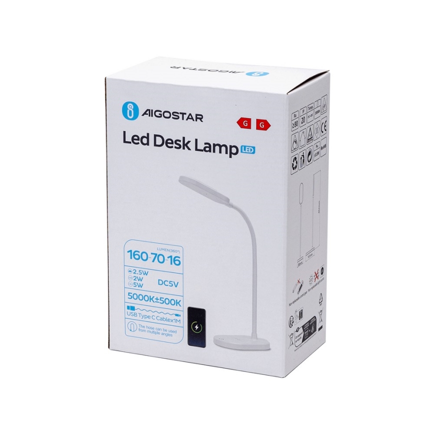 Aigostar - Reguliuojama LED stalinė lempa su belaidžiu įkrovimu LED/2,5W/5V balta