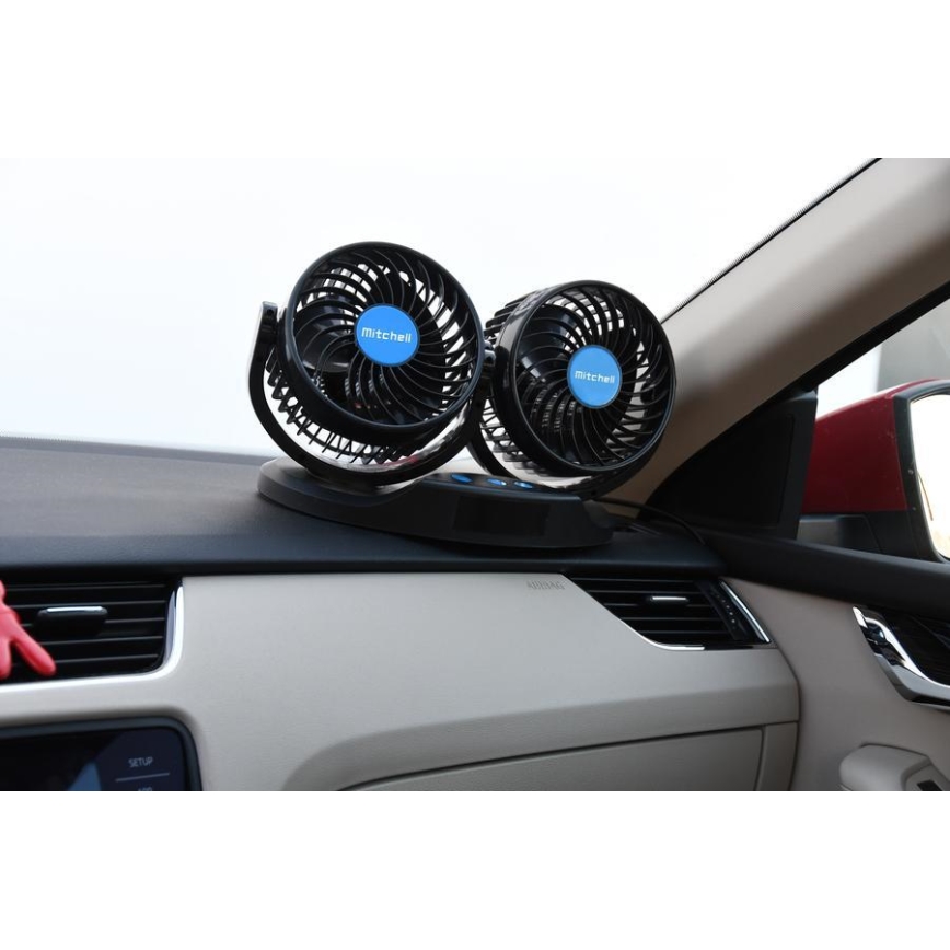 Automobilio prietaisų skydelio ventiliatorius su termometru 9W/12V juoda
