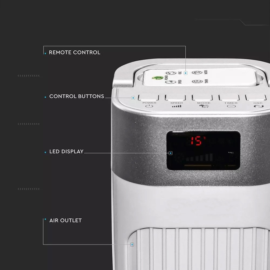 Bokštinis ventiliatorius su temperatūros indikatoriumi ir Nuotolinio valdymo pultu 55W/230V