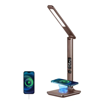 Brilagi - LED Pritemdoma stalinė lempa su belaidžiu įkrovimu QI ir USB REGINA LED/8,5W/230V ruda