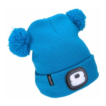 Extol - Kepurė su priekiniu žibintu ir USB įkrovimu 250 mAh mėlyna vaikiško dydžio su pomponais