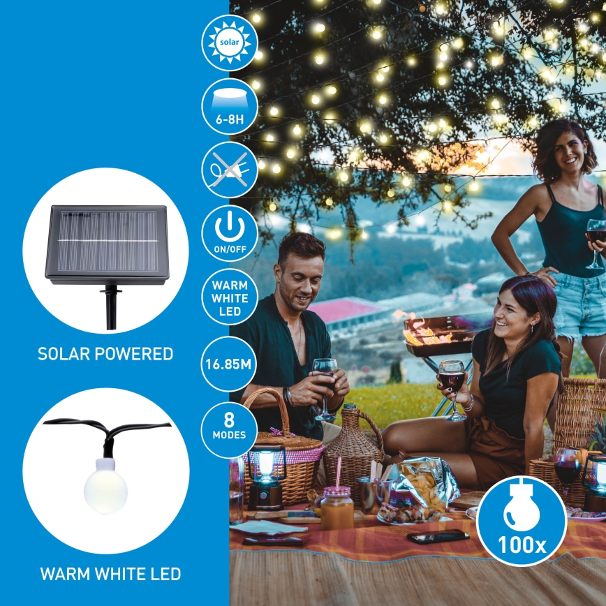 Grundig - LED grandinė, įkraunama saulės šviesa 100xLED/8 funkcijos 16,85m šilta balta