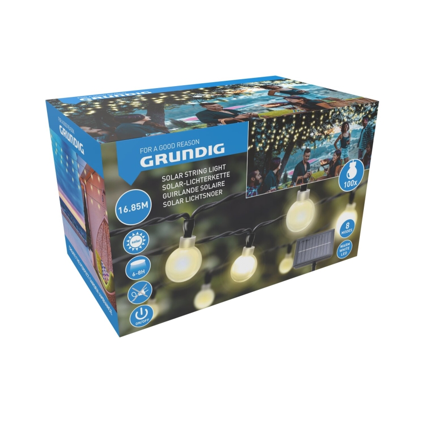 Grundig - LED grandinė, įkraunama saulės šviesa 100xLED/8 funkcijos 16,85m šilta balta
