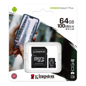 Kingston SDCS2/64GB - MicroSDXC 64GB Canvas Select Plus U1 100MB/s + SD adapteris