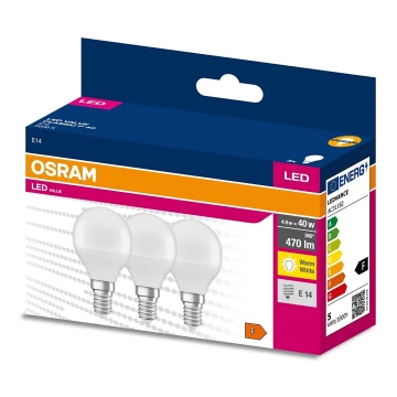 KOMPLEKTAS 3x LED elektros lemputė P45 E14/4,9W/230V 3000K - Osram