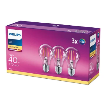 KOMPLEKTAS 3x LED Elektros lemputė VINTAGE Philips E27/4,3W/230V 2700K