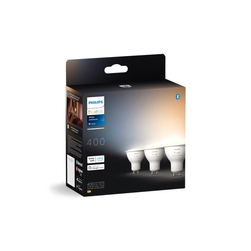 KOMPLEKTAS 3x LED pritemdoma elektros lemputė Philips Hue WHITE AMBIANCE GU10/4,2W/230V 2200-6500K