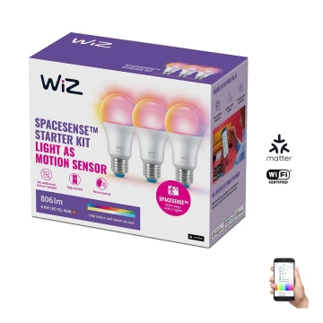 KOMPLEKTAS 3x LED RGBW Reguliuojama lemputė A60 E27/8,8W/230V 2200-6500K Wi-Fi - WiZ