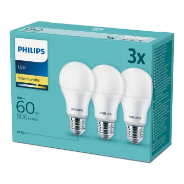 KOMPLEKTAS 3xLED lemputė Philips E27/9W/230V 2700K