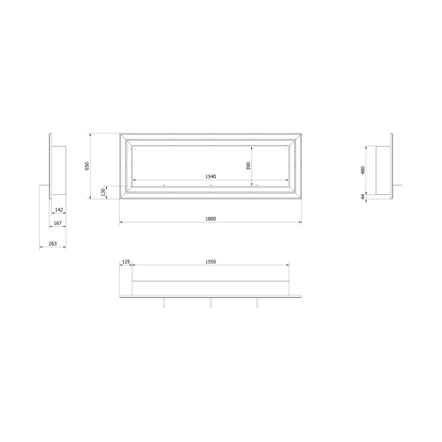 Kratki - Įmontuojamas BIO židinys 65x180 cm 3x2,5kW chromas