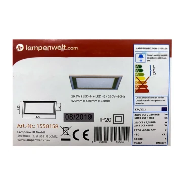 Lampenwelt - LED RGBW Reguliuojamas lubinis šviestuvas LYNN LED/29,5W/230V 2700-6500K + nuotolinio valdymo pultas