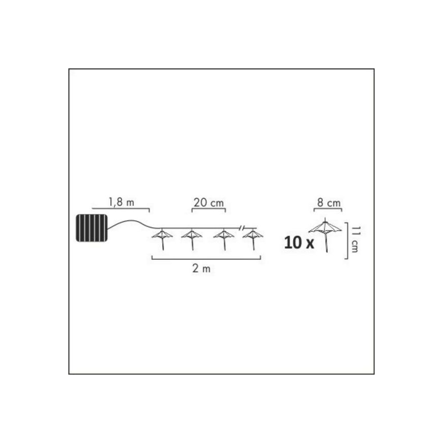 LED grandinė, įkraunama saulės šviesa 10xLED/1,2V 3,8 m IP44 deštníky