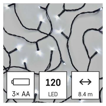 LED Lauko Kalėdinė girlianda 120xLED/3xAA 8,9m IP44 šalta balta