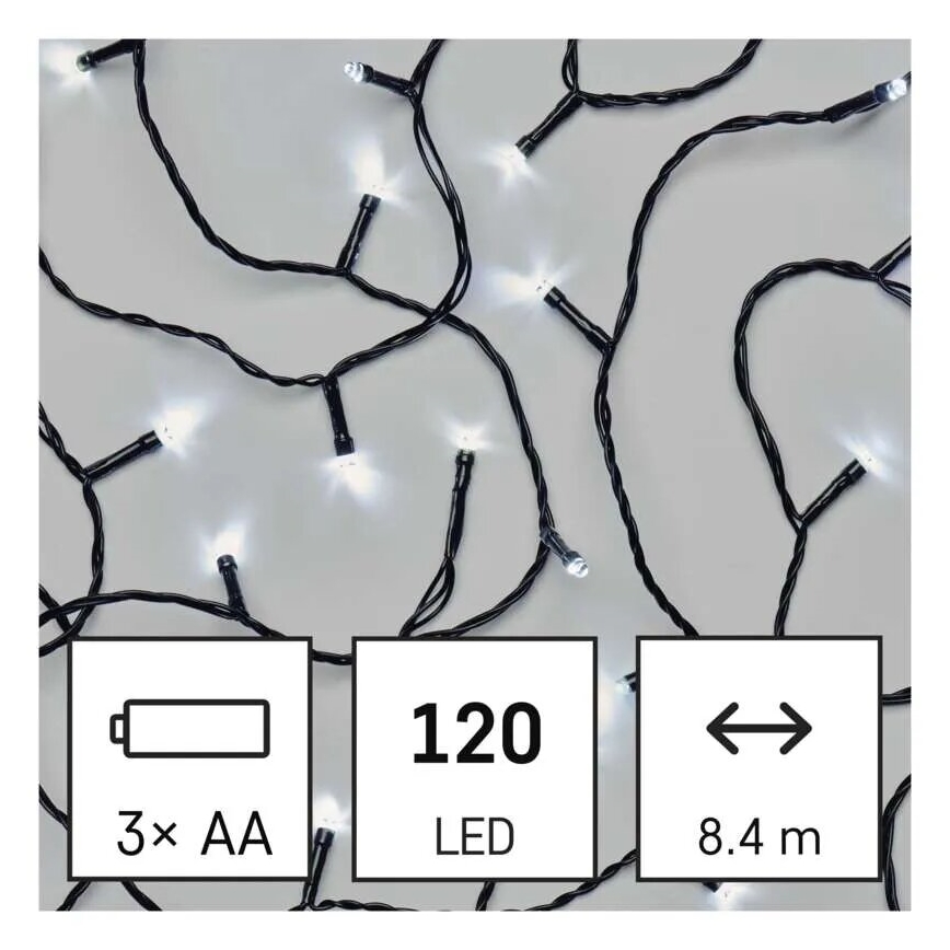 LED Lauko Kalėdinė girlianda 120xLED/3xAA 8,9m IP44 šalta balta