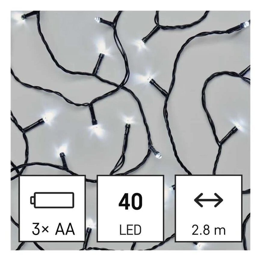 LED Lauko Kalėdinė girlianda 40xLED/3xAA 3,3m IP44 šalta balta