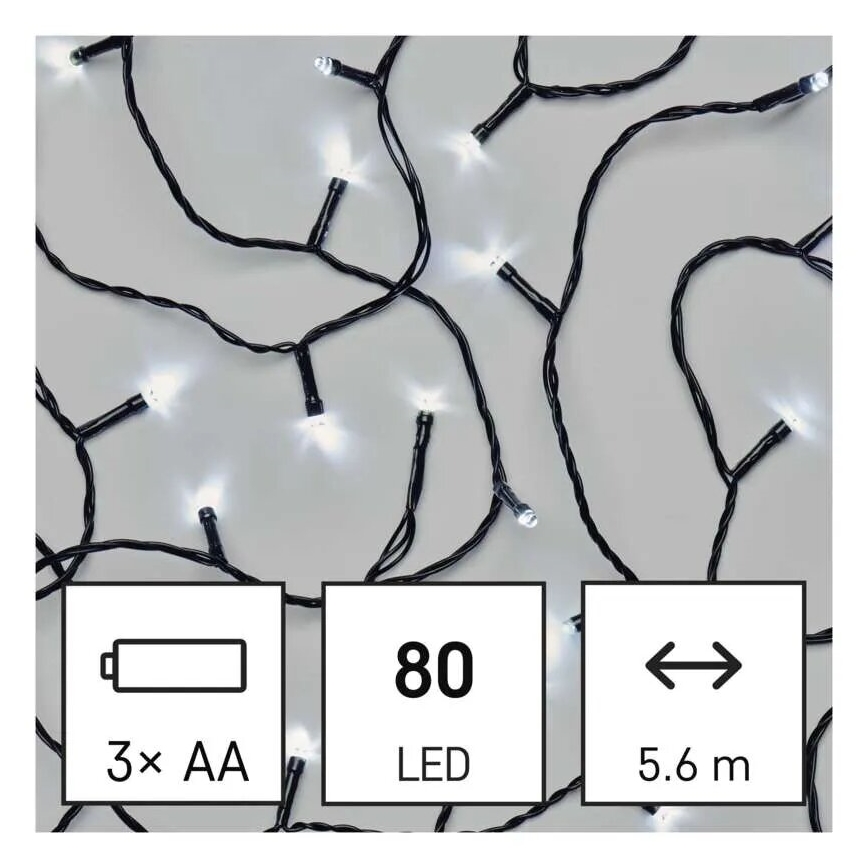 LED Lauko Kalėdinė girlianda 80xLED/3xAA 6,1m IP44 šalta balta