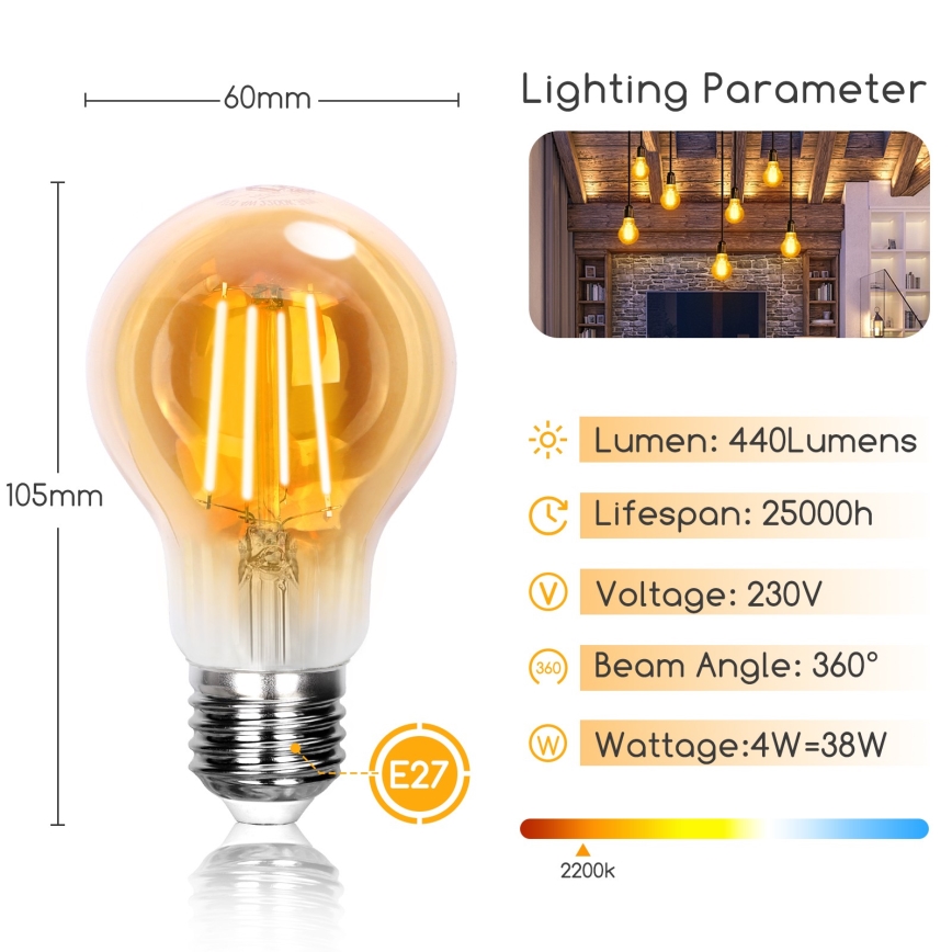 LED lemputė A60 E27/4W/230V 2200K - Aigostar