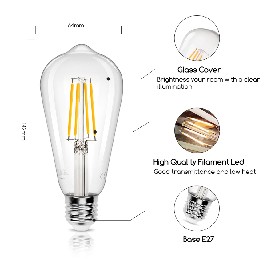 LED lemputė ST64 E27/8W/230V 2700K - Aigostar
