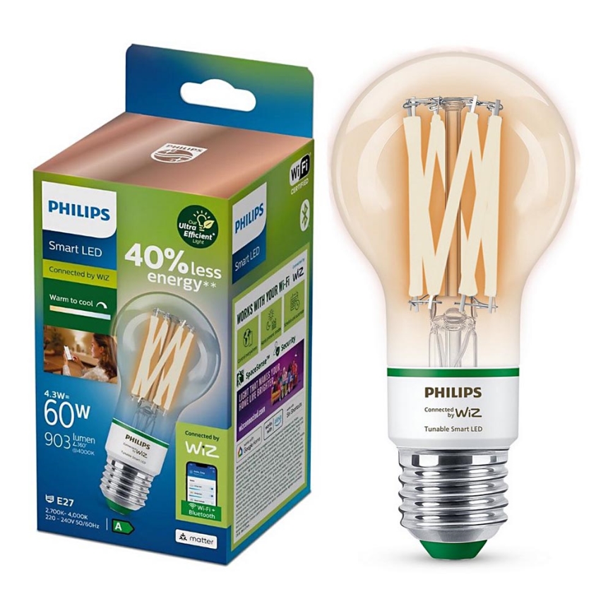 LED pritemdoma elektros lemputė Philips A60 E27/4,3W/230V 2700-4000K CRI 90 Wi-Fi