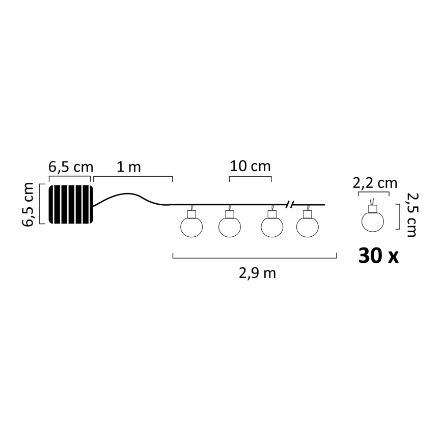 LED RGB Saulės energijos grandinė PARTY 30xLED/1,2V 3,9 m IP44