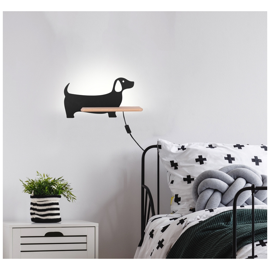 LED Vaikiškas sieninis šviestuvas su lentyna DOG LED/5W/230V juoda/medinė