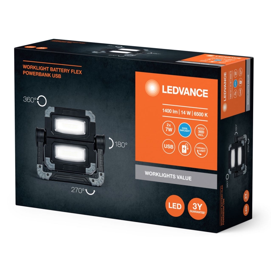 Ledvance - LED Įkraunamas work šviestuvas WORKLIGHT BATTERY 2xLED/7W/5V