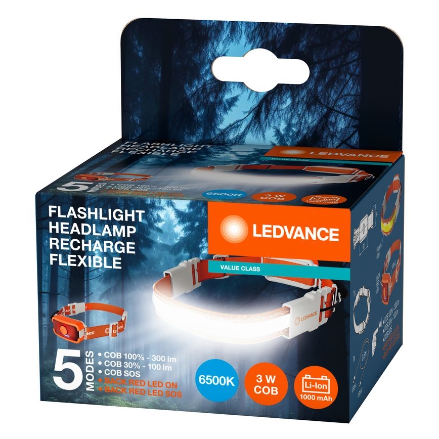 Ledvance - LED pakraunamas žibintuvėlis ant galvos FLASHLIGHT LED/3W/5V 1000mAh