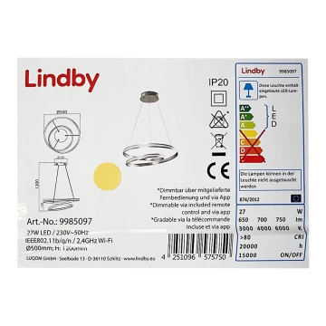 Lindby - LED Reguliuojamas pakabinamas sietynas SMART VERIO LED/27W/230V 3000/4000/6000K + VP