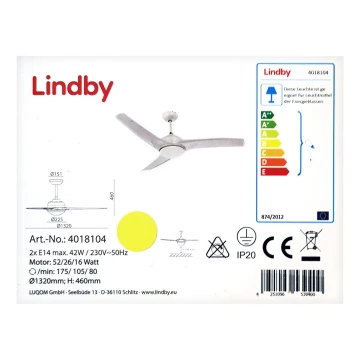 Lindby - Lubinis ventiliatorius EMANUEL 2xE14/42W/230V + valdymo pultas