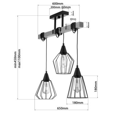 Pakabinamas sietynas CAMEROON 3xE27/60W/230V juodas/medis