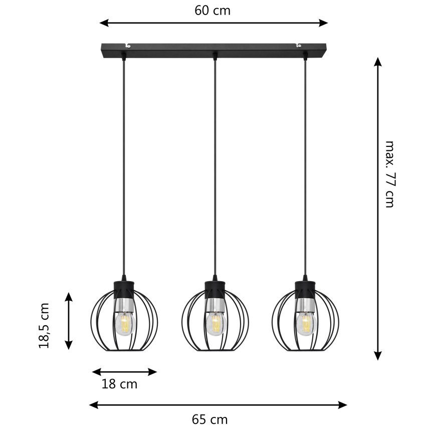 Pakabinamas sietynas STARLIGHT 3xE27/60W/230V juodas/sidabras