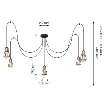 Pakabinamas sietynas TUBE LONG 5xE27/15W/230V juoda/auksas