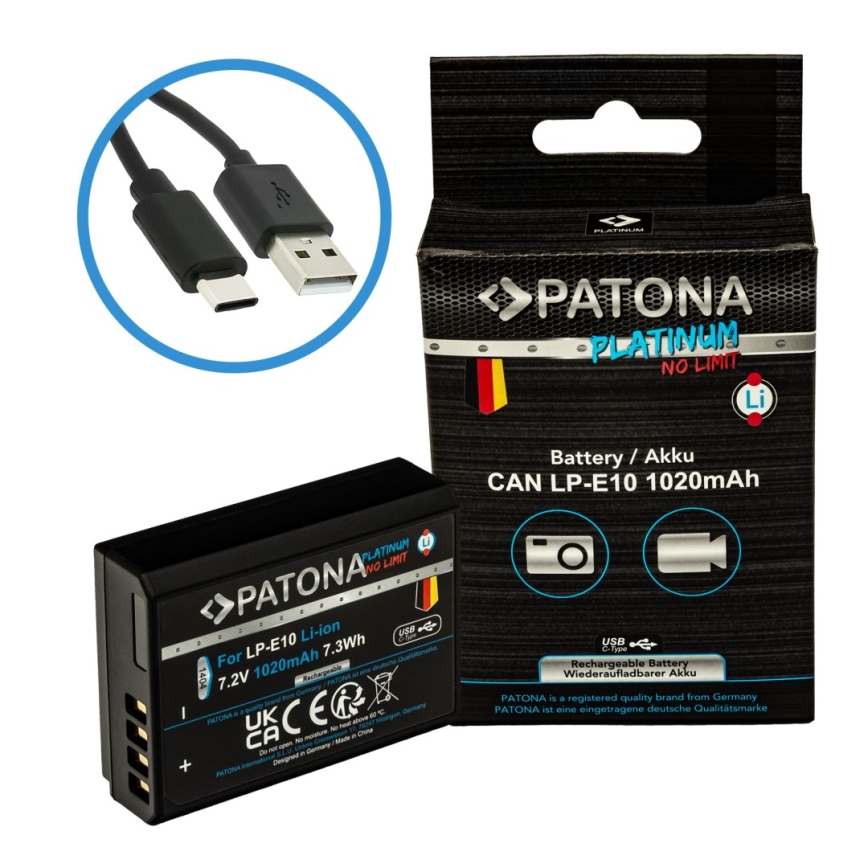 PATONA - Akumuliatorius Canon LP-E10 1020mAh Li-Ion Platinum USB-C įkrovimas