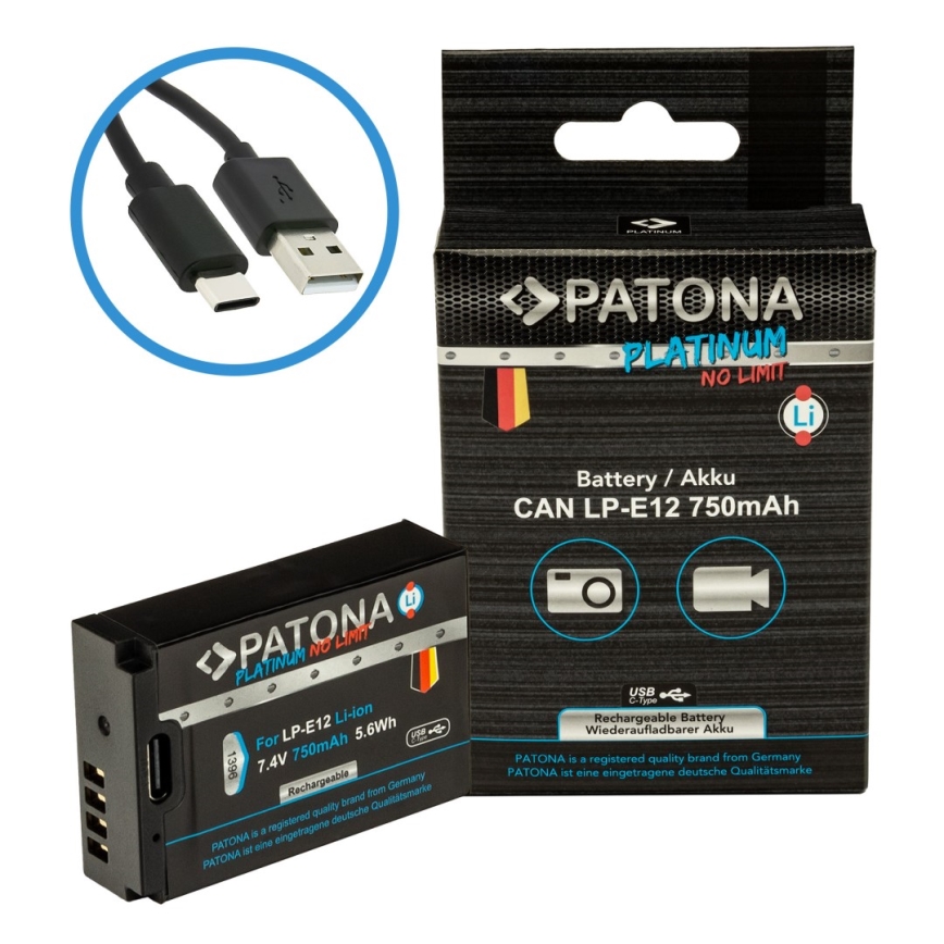 PATONA - Akumuliatorius Canon LP-E12 750mAh Li-Ion Platinum USB-C įkrovimas