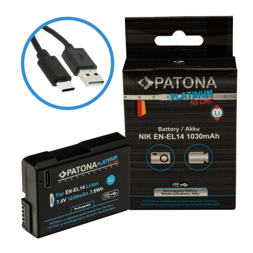 PATONA - Akumuliatorius Nikon EN-EL14/EN-EL14A 1030mAh Li-Ion Platinum USB-C įkrovimas