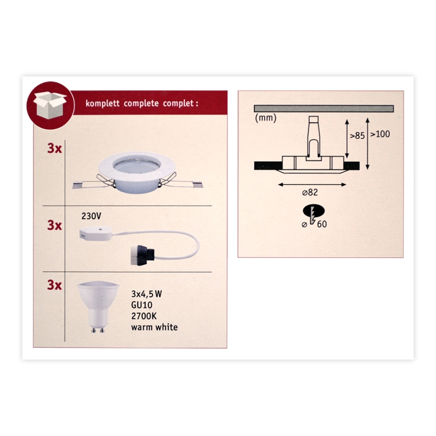 Paulmann 93655 - RINKINYS 3xLED-GU10/4,5W Įleidžiami šviestuvai 230V