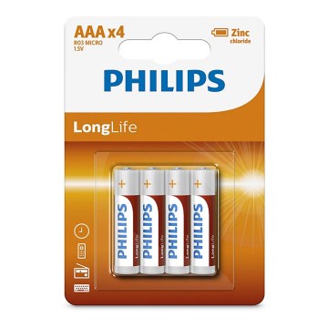 Philips R03L4B/10 - 4 vnt cinko chlorido baterijos  AAA LONGLIFE 1,5V 450mAh