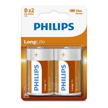 Philips R20L2B/10 - 2 vnt cinko chlorido baterijos  D LONGLIFE 1,5V 5000mAh